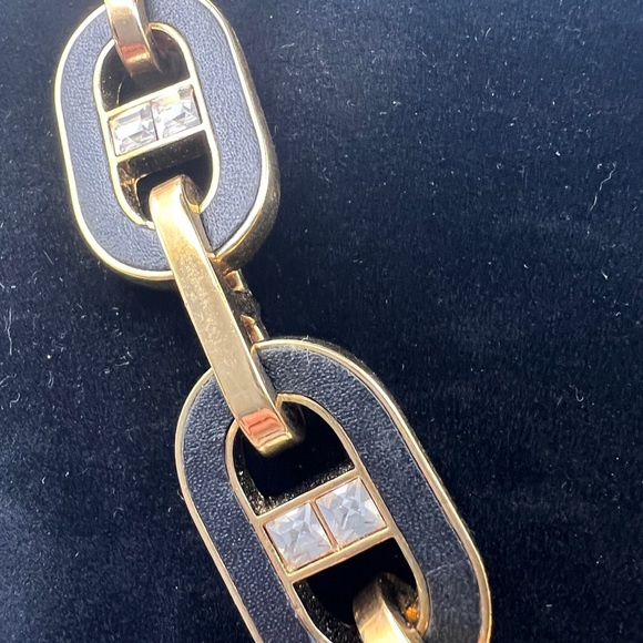 Ann Taylor Signed Inlay black leather with rhinestones Gold Tone Chunky Necklace - Picture 3 of 9
